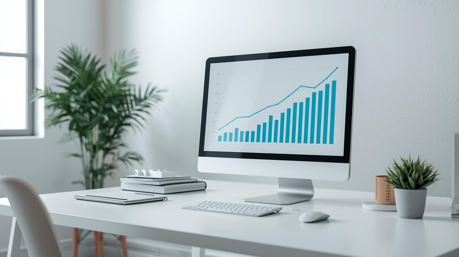 Clean and modern agency workspace showing organic SEO growth charts on a computer monitor.