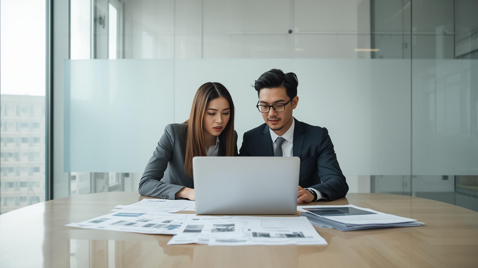 SEO content strategists collaborating on a laptop in a modern meeting room.