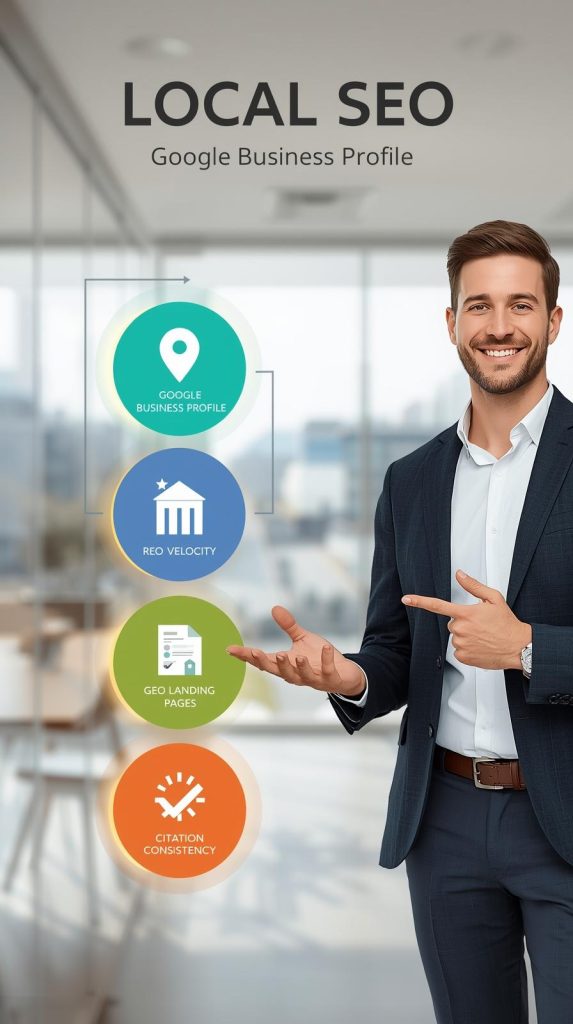 featuring a smiling man in a professional business-casual outfit on the right side. He is gesturing confidently tow