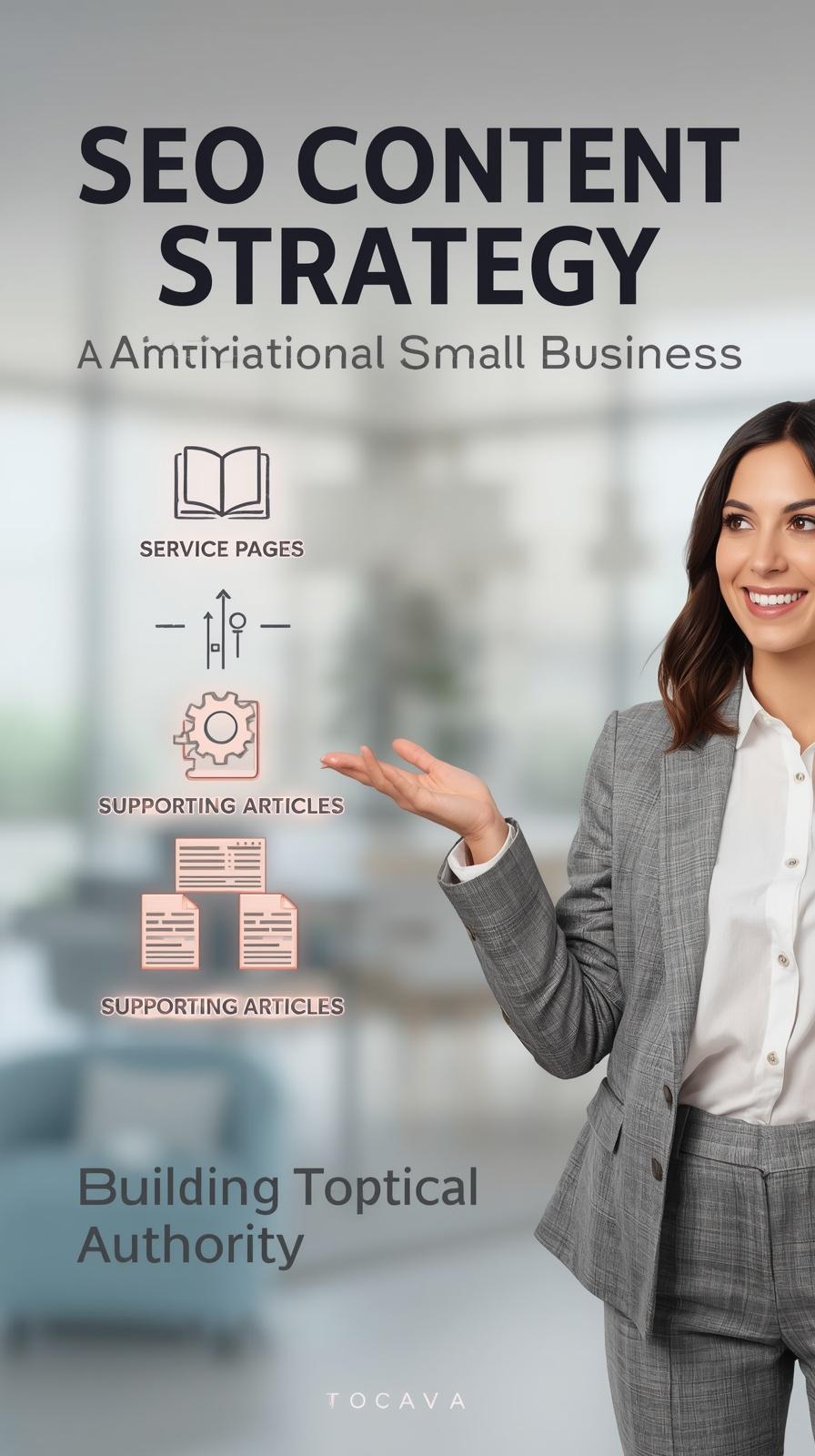 featuring a smiling woman (business professional, smart casual attire) standing on the right side. She gestures confidently toward the left. In t