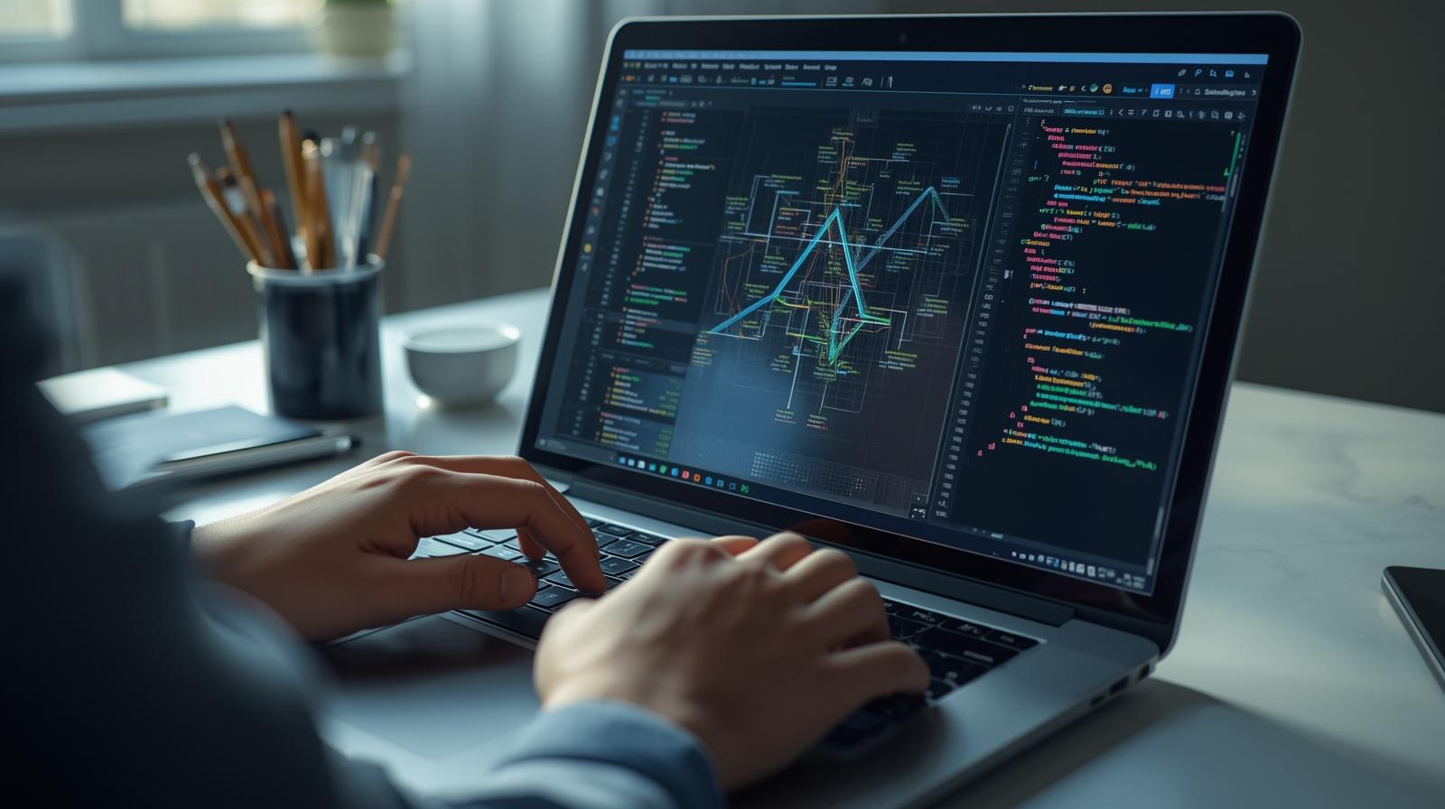 Technical SEO expert performing a website audit and architecture analysis on a laptop.